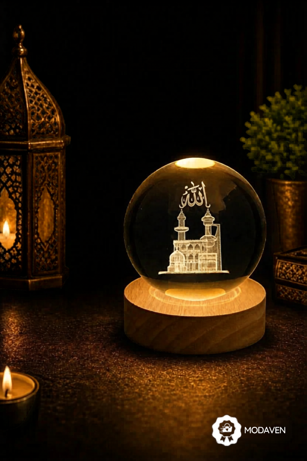 Ahşap Standlı İslami Cam Küre Gece Lambası