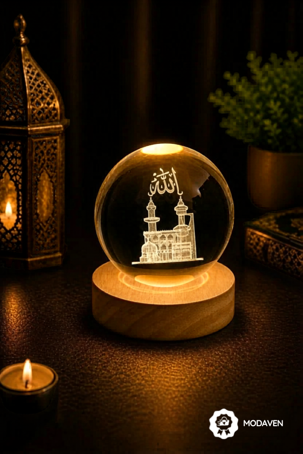 Ahşap Standlı İslami Cam Küre Gece Lambası